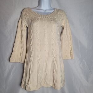 Women's Wool Cream Cableknit Round Neck 3/4 Sleeve Sweater Size XS Barneys NY